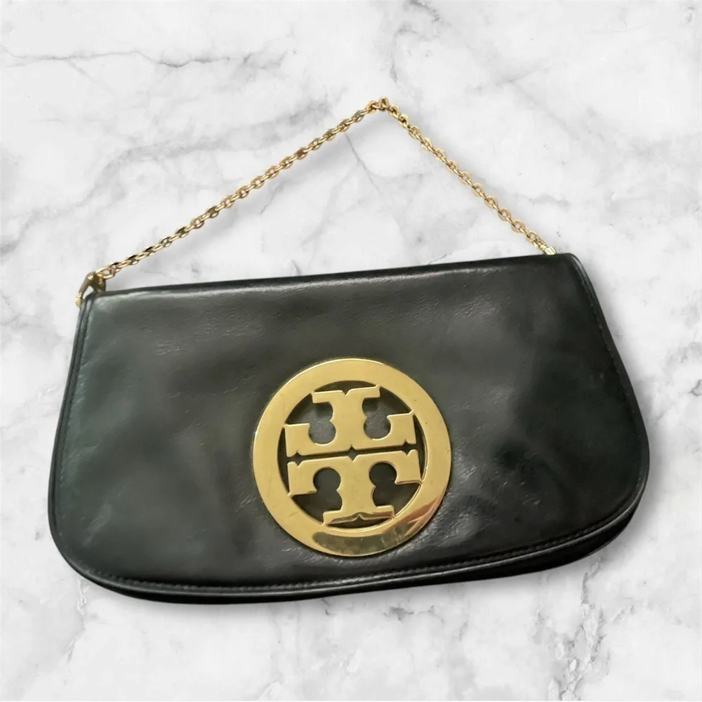 Tory Burch Black and Gold Clutch with Chain Strap